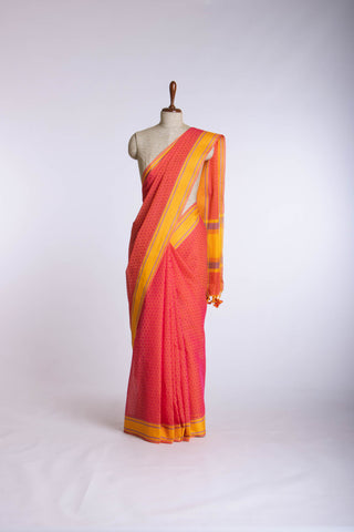 Tomato Pink Embose cotton saree with self weave