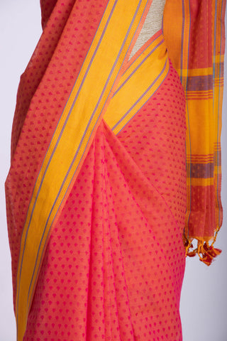 Tomato Pink Embose cotton saree with self weave