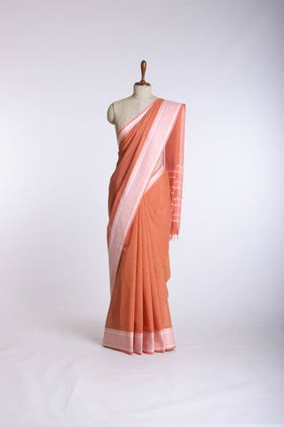 Rust Orange Mangalagiri cotton saree with plain self weave.