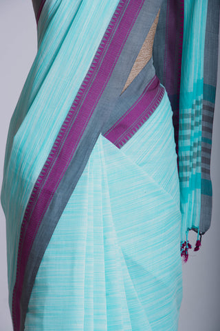 Neon blue with white slub ikkat effect cotton saree