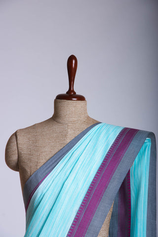 Neon blue with white slub ikkat effect cotton saree