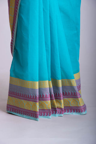 Chettinadu Cotton saree in parrot green colour with hand embroidery blouse