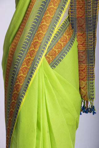 Chettinadu Cotton saree in parrot green colour with hand embroidery blouse