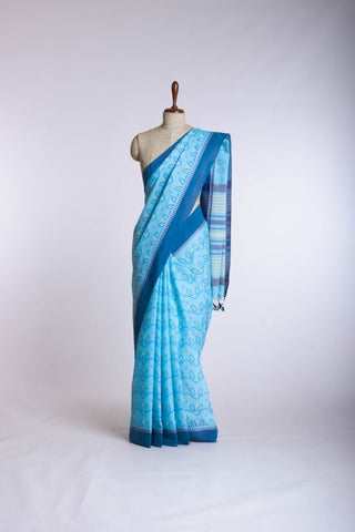 Kollam Cotton saree with lime green hand printed with Bandhani patterned design.