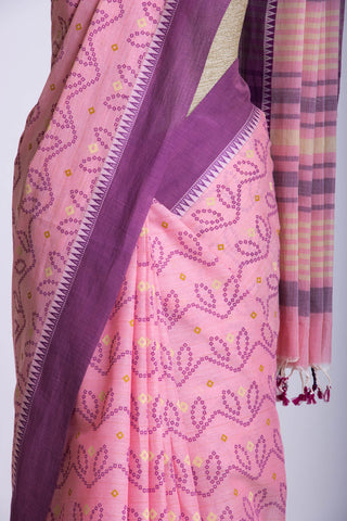 Kollam Cotton saree with lime green hand printed with Bandhani patterned design.