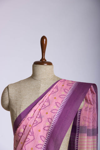 Kollam Cotton saree with lime green hand printed with Bandhani patterned design.