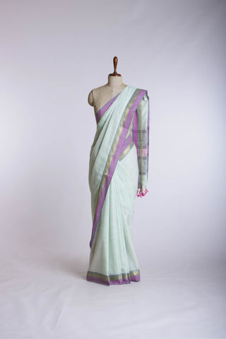 Alikam Khadi Cotton saree in Ice Blue with white slub texture