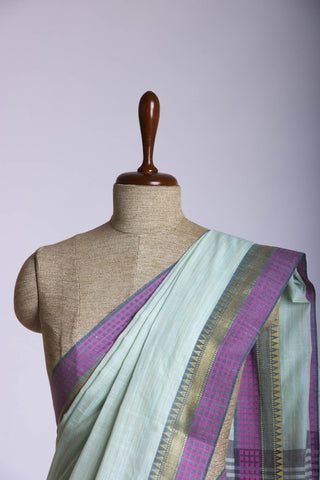 Alikam Khadi Cotton saree in Ice Blue with white slub texture