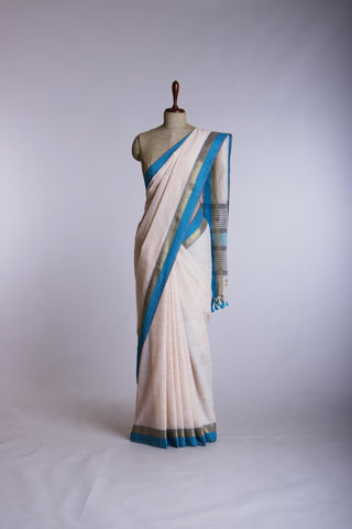 Alikam Khadi Cotton saree in Ice Blue with white slub texture