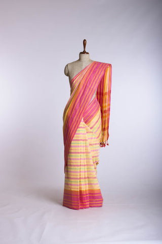 Chettinadu Cotton saree  in shades of lavender with horizontal stripes.