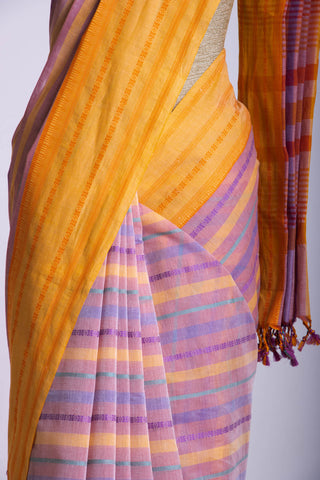 Chettinadu Cotton saree  in shades of lavender with horizontal stripes.