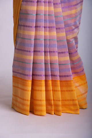 Chettinadu Cotton saree  in shades of lavender with horizontal stripes.