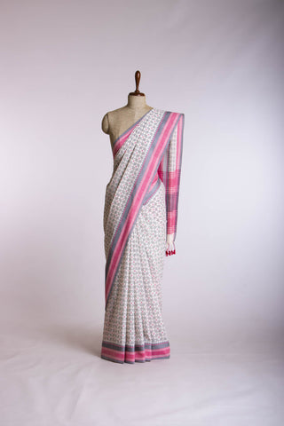 Kanchi Cotton saree  in Off white with geometric pattern hand printed.