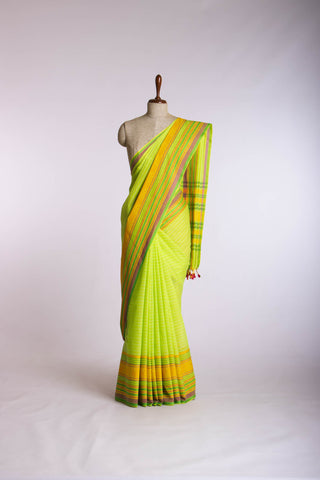 Chettinadu Cotton saree  in parrot green with thin horizontal stripes