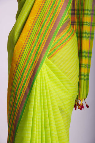 Chettinadu Cotton saree  in parrot green with thin horizontal stripes