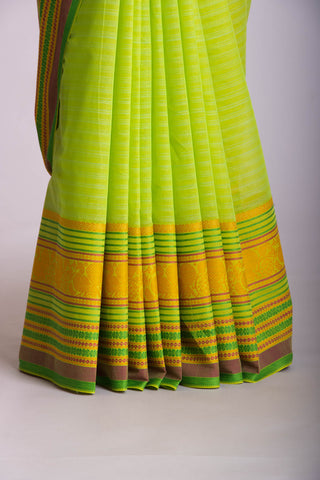 Chettinadu Cotton saree  in parrot green with thin horizontal stripes