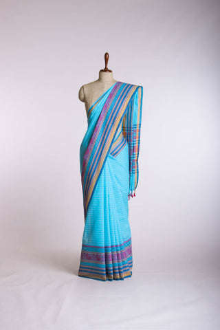 Chettinadu Cotton saree  in parrot green with thin horizontal stripes