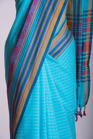 Chettinadu Cotton saree  in parrot green with thin horizontal stripes