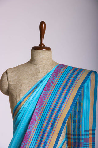 Chettinadu Cotton saree  in parrot green with thin horizontal stripes