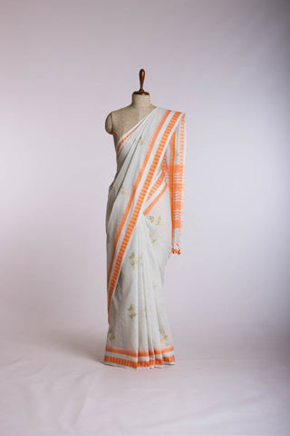 Classic Grey colour khadi cotton saree with hand embroidery motifs.