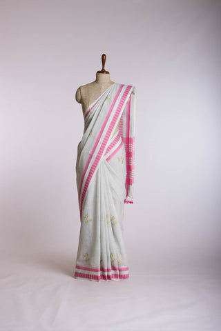 Classic Grey colour khadi cotton saree with hand embroidery motifs.