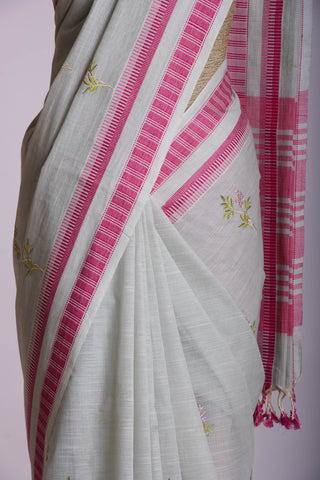 Classic Grey colour khadi cotton saree with hand embroidery motifs.