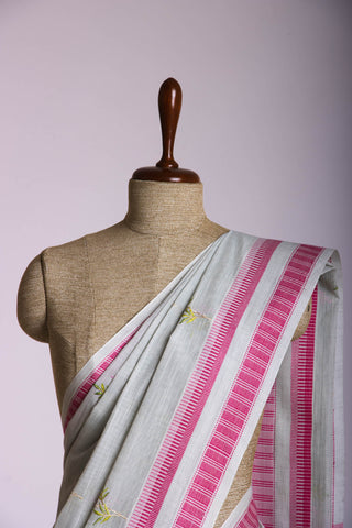 Classic Grey colour khadi cotton saree with hand embroidery motifs.