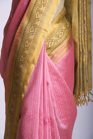 Grey checks with mustard yellow cotton silk saree with block print