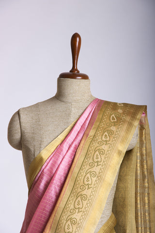 Grey checks with mustard yellow cotton silk saree with block print