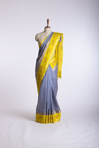 Grey checks with mustard yellow cotton silk saree with block print