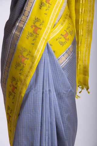 Grey checks with mustard yellow cotton silk saree with block print