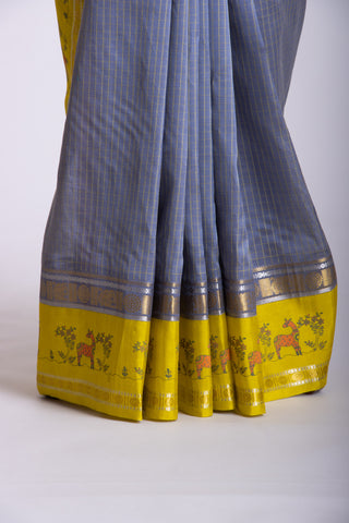 Grey checks with mustard yellow cotton silk saree with block print