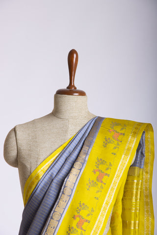 Grey checks with mustard yellow cotton silk saree with block print