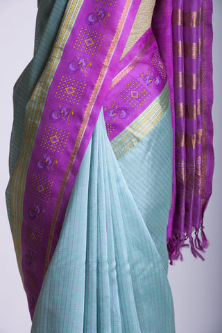 Grey checks with mustard yellow cotton silk saree with block print