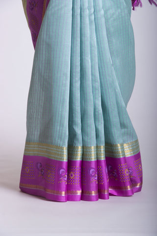 Grey checks with mustard yellow cotton silk saree with block print