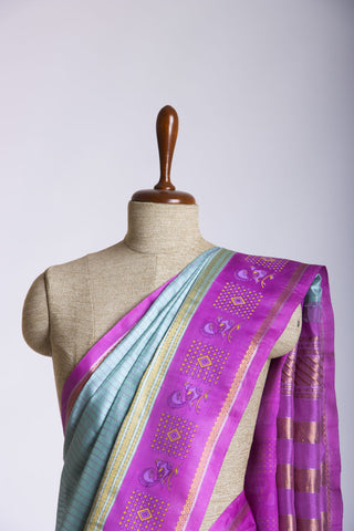 Grey checks with mustard yellow cotton silk saree with block print