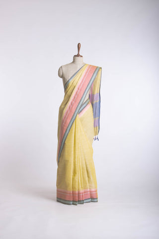 Alikam Khadi cotton plain saree in Lavender and white slub texture.