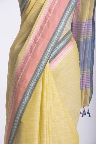 Alikam Khadi cotton plain saree in Lavender and white slub texture.