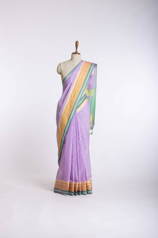 Alikam Khadi cotton plain saree in Lavender and white slub texture.