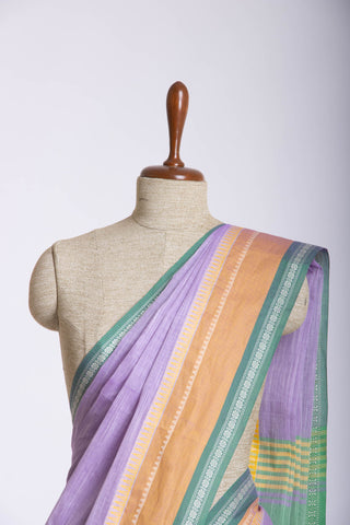 Alikam Khadi cotton plain saree in Lavender and white slub texture.