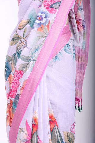 Mangalagiri Cotton saree in Pastel lilac with Color Art Floral Digital print