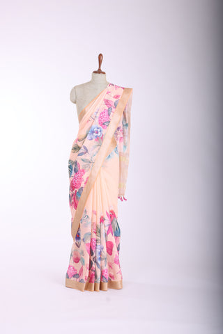 Mangalagiri Cotton saree in Pastel lilac with Color Art Floral Digital print