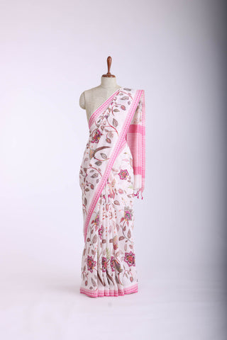 Alikam Khadi-Cotton saree in Off-White and handprint with floral jaal pattern