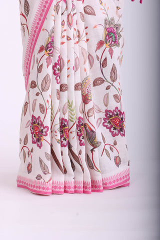 Alikam Khadi-Cotton saree in Off-White and handprint with floral jaal pattern