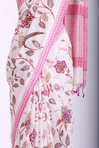 Alikam Khadi-Cotton saree in Off-White and handprint with floral jaal pattern