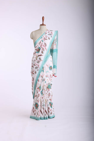 Alikam Khadi-Cotton saree in Off-White and handprint with floral jaal pattern