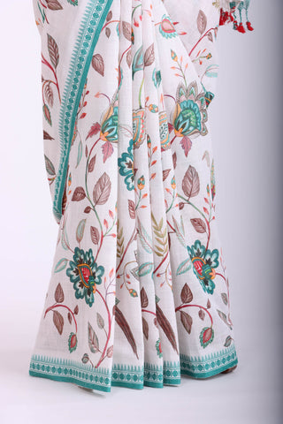 Alikam Khadi-Cotton saree in Off-White and handprint with floral jaal pattern