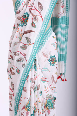 Alikam Khadi-Cotton saree in Off-White and handprint with floral jaal pattern