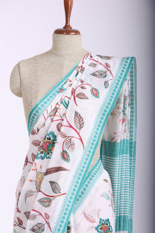 Alikam Khadi-Cotton saree in Off-White and handprint with floral jaal pattern