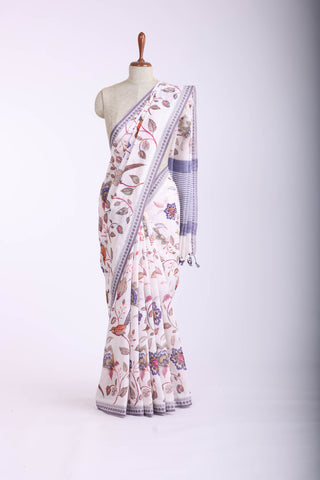 Alikam Khadi-Cotton saree in Off-White and handprint with floral jaal pattern